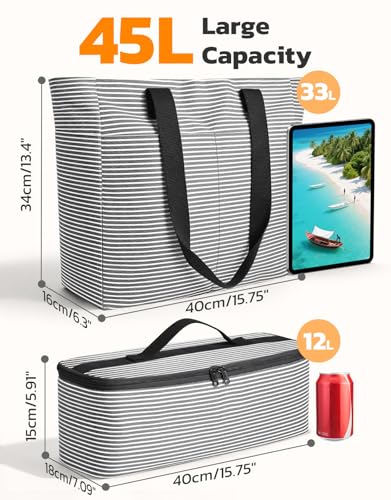 ISEYOU Beach Bag and Cooler Bag Set, 45L Waterproof XXL Foldable Tote with Zipper, 8 Pockets for Pool, Picnic, Travel - color: Black