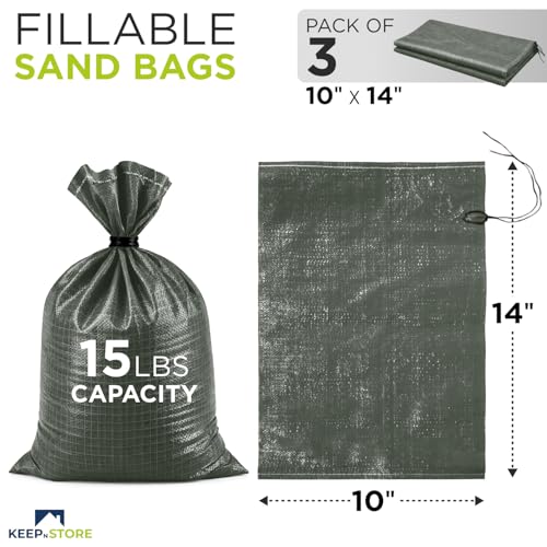Heavy Duty Sand Bags Pack of 3, Army Green Empty Sandbags with Built-In Ties, Woven Polypropylene UV Protection 1600 Hours, Fillable Sand Bags for Flood Control, Weight, 10x14 inches, 15 Pounds Volume - size: 10"W x 14"L, style: Pack of 3