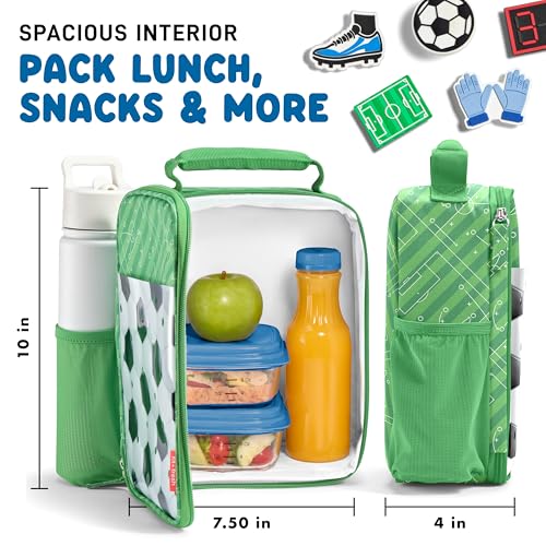 Fit & Fresh Customizable Charm Lunch Bag for Boys & Girls, Soccer Kids Lunch Box with 6 Sports Charms, Premium Insulated Reusable Lunch Tote for School - color: Pitch Break Soccer