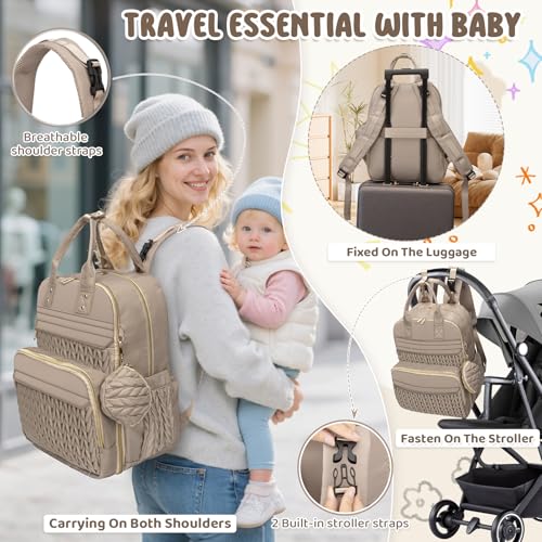 Diaper Bag Backpack, Waterproof Large Baby Bag with Changing Pad, Khaki | Baby Diaper Bag, Stylish, Large Capacity, with Changing Pad, with USB Port, Stroller Strap, Pacifier Case, Travel Essentials - color: Khaki