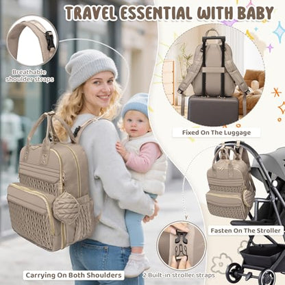 Diaper Bag Backpack, Waterproof Large Baby Bag with Changing Pad, Khaki | Baby Diaper Bag, Stylish, Large Capacity, with Changing Pad, with USB Port, Stroller Strap, Pacifier Case, Travel Essentials - color: Khaki