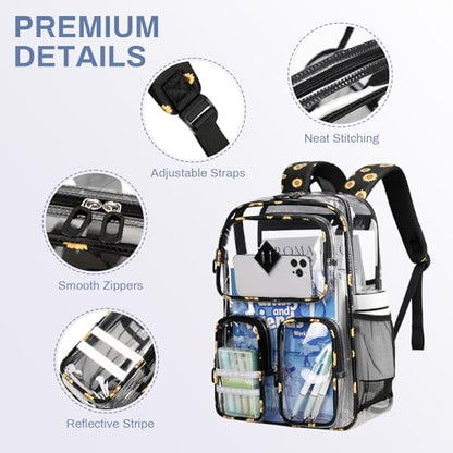 Clear Backpacks for School Heavy Duty Clear Bookbag Stadium Events Transparent Back Pack Kids, Black Sunflower - color: Black Sunflower