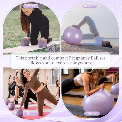 Pilates Set with 2 Yoga Exercise Balls (25.6”&9.8”), Yoga Block, Stretch Strap & Foot Pump, Stability Fitness Ball Kit for Home Gym Equipment Workout Pregnancy Physical Therapy - color: Purple
