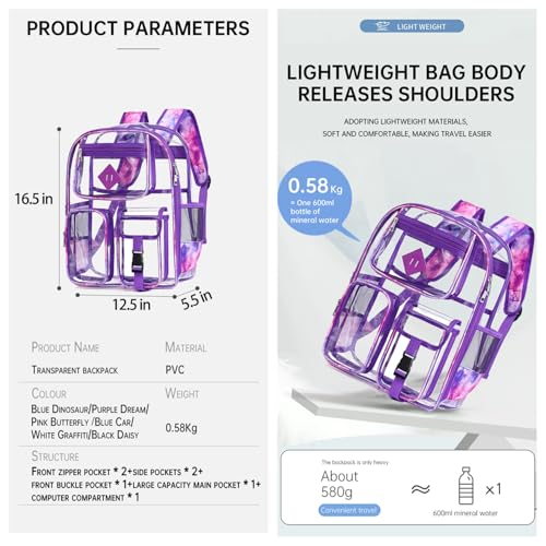Clear Backpack-Heavy Duty PVC clear backpack for Stadium/Travel/Work,Dual Zippered Compartments&Mesh Side Pockets (purple) - color: Purple