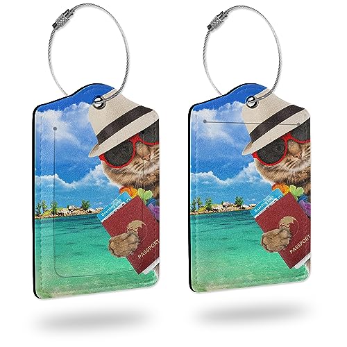 Luggage Tags for Suitcase,2 Pack Funny Cat Leather Travel Cruise Luggage Tag with Privacy Flap,Name ID Label and Metal Loop for Women Girls Suitcase Backpack - color: Funny Cat