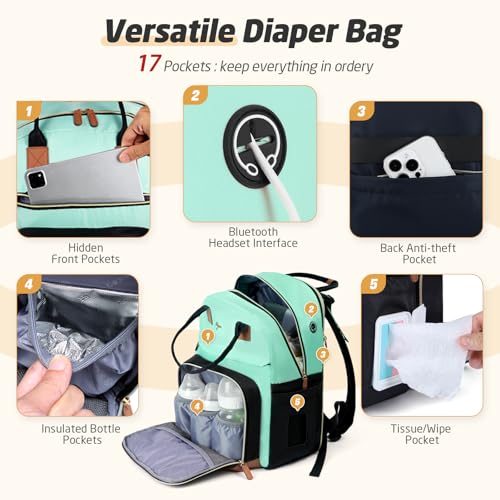 Diaper Bag Backpack - Extra Large Diaper Bag for 2 Kids Twin, Travel Baby Bags for Mom Dad 25-37L Expandable with Changing Pad Earphone Hole, Green Black - color: Green & Black