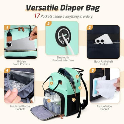 Diaper Bag Backpack - Extra Large Diaper Bag for 2 Kids Twin, Travel Baby Bags for Mom Dad 25-37L Expandable with Changing Pad Earphone Hole, Green Black - color: Green & Black