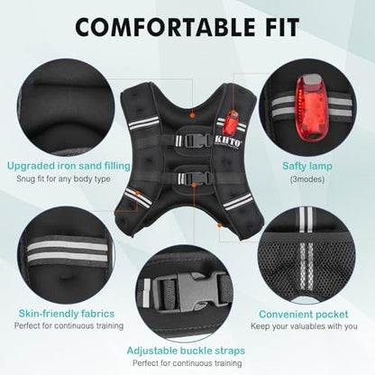 KHTO Weighted Vest Woman Men-5lbs/10lbs/15lbs/20lbs/25lbs/30lbs Weight Vest with Warning Light Reflective Strip for Workout, Strength Training, Running