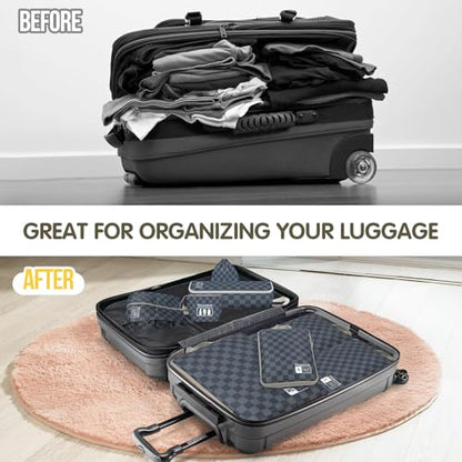 8 Set Compression Packing Cubes for Travel, Lightweight Dual Zipper Packing Cubes, Space-Saving Suitcase Organizer for Travel/Business Trip/Family Vacation (Blue-Gray Checkered) - color: 8 Set Blue-Gray Checkered