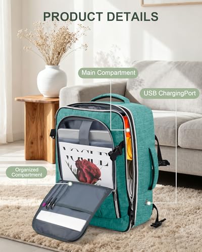 Travel Carry On 17.5" Laptop Expandable Backpack for Men Women, Personal Item Bag Waterproof Airline Approved with USB Charging Hole 3 Packing Cubes, Large Weekender Daypack Business Luggage Suitcase - color: Green, size: Expandable