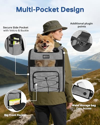 Hiking Dog Carrier Backpack, Padded Height-Enhancing Design, Adjustable Waist Cushioning Belt with Breathable Padded Back Support, Dog Carrier Backpack for Small Dogs Max 13LB Grey with Pad - color: Grey