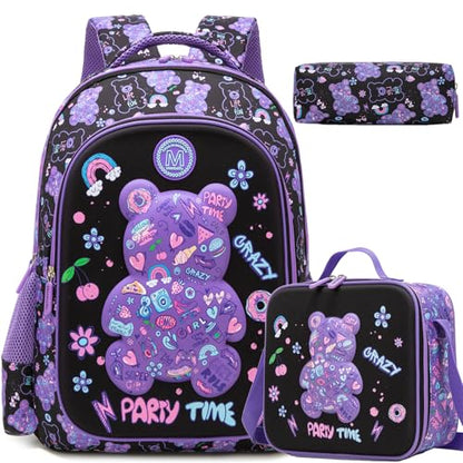 School Backpack for Girls Backpack for Girls with Lunch Box Set Cute Bear Kids Bookbag Elementary Kids Backpack for Girl Lightweight Travel Daypack Back to School - color: Purple Bear