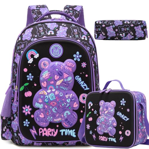 School Backpack for Girls Backpack for Girls with Lunch Box Set Cute Bear Kids Bookbag Elementary Kids Backpack for Girl Lightweight Travel Daypack Back to School - color: Purple Bear