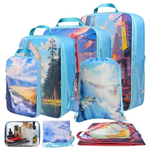 PFEYRPK Lightweight Compression Packing Cubes for Suitcases, Compressible Expandable Travel Packing Organizer with Clear Toiletries and Backpack Bag, Travel Essentials for Carry on Luggage 7 Set - color: Blue/motifs, size: 7 Set