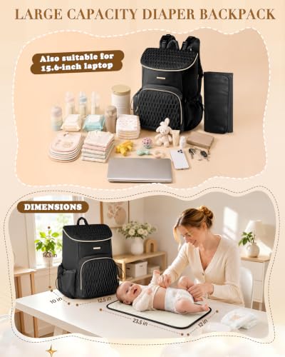 Marscamd Diaper Bag Backpack with Changing Pad, Large Baby Bag, Black | with Stroller Straps, Insulted Bottle Pockets, Luggage sleeve, for Travel & Labor Delivery - color: Black