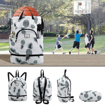 Kamo Drawstring Backpack Bag - Sport Swimming Yoga Backpack with Shoe Compartment, Two Water Bottle Holder for Men Women Large String Backpack Athletic Sackpack for Travel - color: Green Pineapple