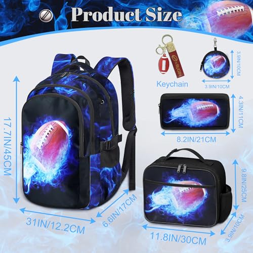 Boys American Football Backpack with Lunch Box, Kids Backpack Set for School, 17inch Bookbag with Pencil Case Coin Purse Blue - color: Football Blue