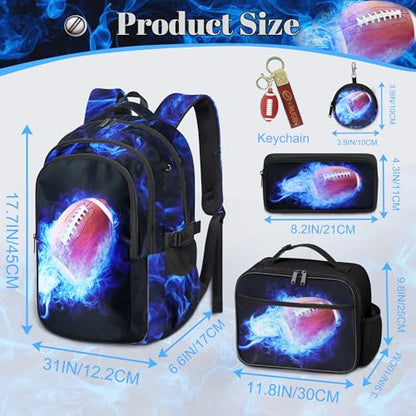 Boys American Football Backpack with Lunch Box, Kids Backpack Set for School, 17inch Bookbag with Pencil Case Coin Purse Blue - color: Football Blue