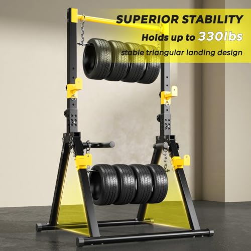 DlandHome Foldable Power Tower Pull Up Bar Dip Station, Adjustable Height Multifunction Workout Pull Up Tower Station for Home Gym, Strength Training Equipment, Triangular Legs, Up to 330lbs - color: Yellow