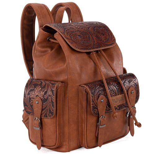 Montana West Wrangler Backpack Purse for Women Men Western Backpack Floral Tooled Travel Bags - color: Carve Brown