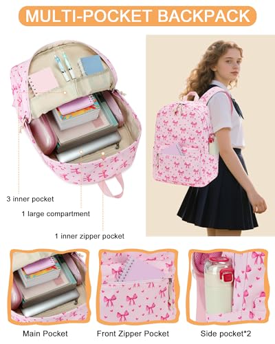 LOIDOU Backpack for Teen Girls Bookbags School Backpack with Lunch Box and Pencil Case 3 in 1 School Bags Set - color: Bow Tie Pink