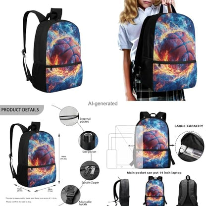 Fire Basketball Backpack for School Boys Backpack with Lunch Box Water Bottle Holder and Big Pencil Case 4PCS Bookbag with Front Pocket 17 inch Lightweight School Bag with Side Pocket for Kids - color: Fire Basketball-4