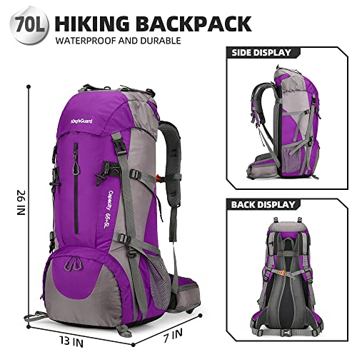 King'sGuard 70L Hiking Backpack with Rain Cover Lightweight Waterproof Travel Camping Backpack Large Backpacking Pack - color: Purple