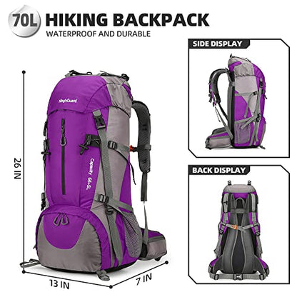 King'sGuard 70L Hiking Backpack with Rain Cover Lightweight Waterproof Travel Camping Backpack Large Backpacking Pack - color: Purple
