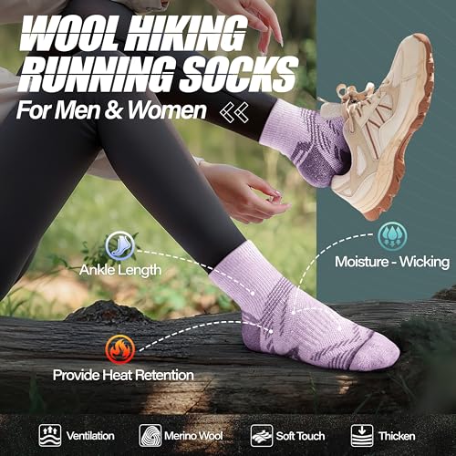 ANTSANG 6 Pairs Merino Wool Quarter Ankle Hiking Running Socks Compression Thermal Thick Cushion Socks for Women Men - color: Pink-purple Series, size: Large