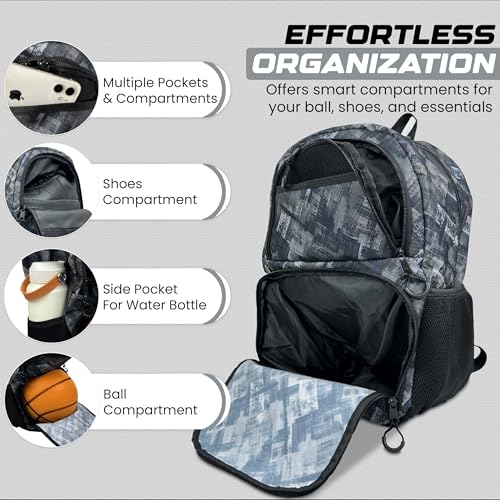 Soccer & Basketball Sports Bag with Ball Pump - Basketball Backpack with Separate Ball & Shoes Holder Compartment, Soccer Basketball Football & Volleyball Bag with Large Capacity - color: Grey