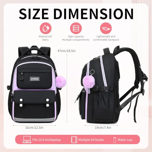 CYOQX School Backpack for Girls Cute Backpack Elementary Middle School High School Teenage Girls Schoolbag (Black Purple) - color: Black Purple