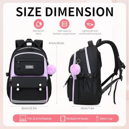 CYOQX School Backpack for Girls Cute Backpack Elementary Middle School High School Teenage Girls Schoolbag (Black Purple) - color: Black Purple