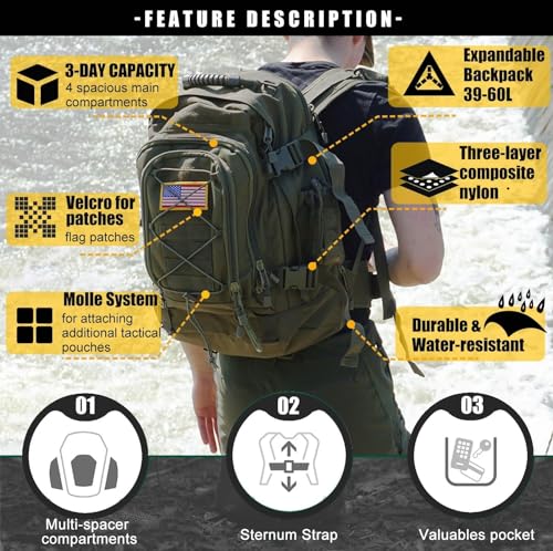 Miramrax Tactical Backpack Military Hiking Daypack - Molle Backpack for Men 3 Day Assault Pack Bug Out Bag for Camping Travel Army Hunting Gym Rucksack Survival (Green) - color: Green