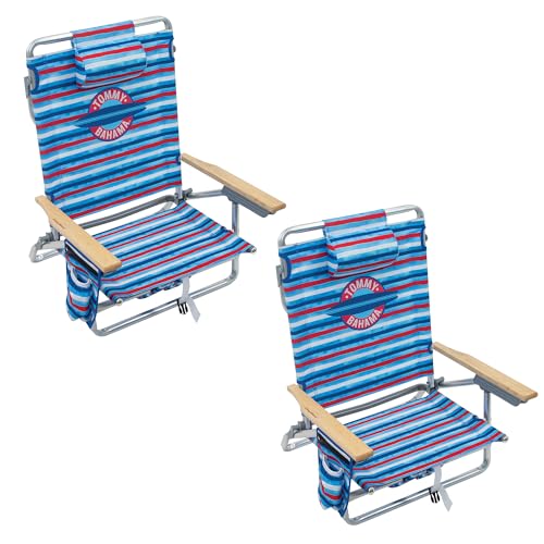 Tommy Bahama 2-Pack 5-Position Classic Lay Flat Backpack Beach Chair with Cooler and Cup Holder, Portable Folding Beach Chair for Tanning, Red/White/Blue - color: Red/White/Blue Stripe, size: 2-Pack