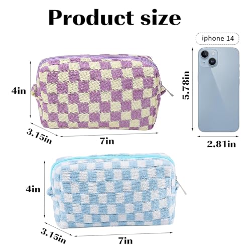 ZLFSRQ 2Pcs Checkered Pencil Case Cute Pencil Pouch for Teens Checkered Makeup Bag Medium Travel Cosmetic Bag Preppy Makeup Pouch for Purse Aesthetic Zipper Toiletry Bags Organizer(Blue/Purple) - color: BN Checkered 2Pcs M Blue/Purple