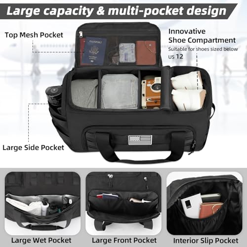 ZOMFELT Tactical Gym Bags for Men, 22x14x9 Carry On Luggage Duffle Bag for Travel, 3-in-1 Sports Basketball Soccer Bag with Removable Dividers & Shoe Compartment, Weekender Overnight Travel bag, Black - size: Medium