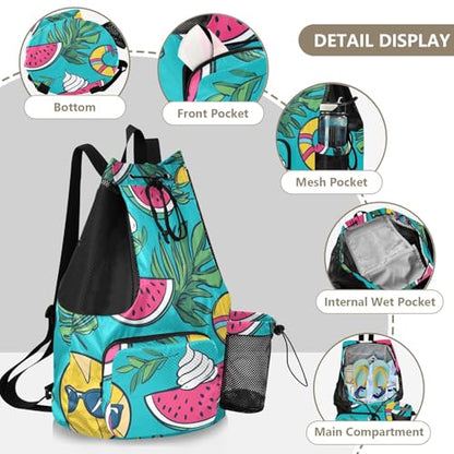 Drawstring Sport Gym Sackpack With Water Bottle Pocket Mens Drawstring Bags with Wet Dry Compartments Summer Watermelon Fruits Green