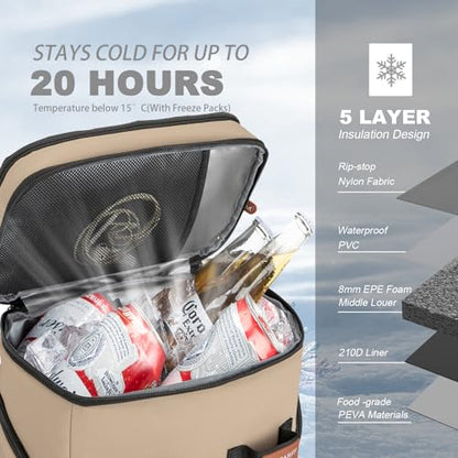 BAGPARKK Insulated Cooler Backpack,33/45 Cans Multifunctional Double Deck Leakproof Cooler Bag with Sternum Strap,Large Capacity Lightweight Travel Camping Beach Backpack - color: Beige, size: 33Can