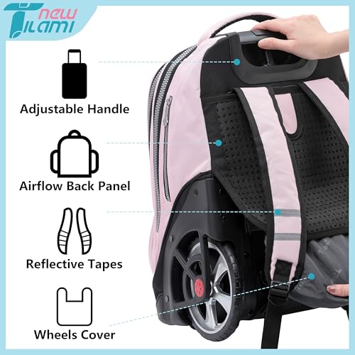 NEW TILAMI 19 Inch Rolling Backpack with Lunch Bag for Girls Boys Wheeled Laptop Backpack Durable Carry-on Bag School Travel, Flower Fairy - color: Pink Flower Fairy