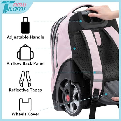 NEW TILAMI 19 Inch Rolling Backpack with Lunch Bag for Girls Boys Wheeled Laptop Backpack Durable Carry-on Bag School Travel, Flower Fairy - color: Pink Flower Fairy