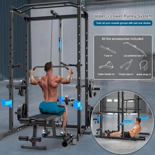 ULTRA FUEGO Power Cage, Multi-Functional Power Rack with J-Hooks, Dip Handles, Landmine Attachment and Optional Cable Pulley System for Home Gym - size: Power Cage with Pulley System