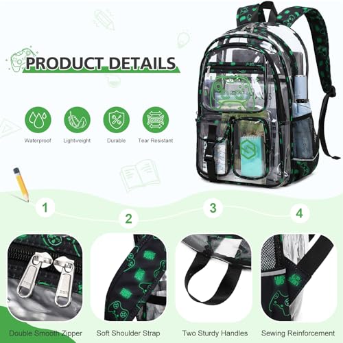 DIGOBAY 3PCS Cool Luminous Clear Backpack for Boys Kids, Gamer Clear Bookbag for School, See Through PVC Transparent Backpacks with Lunch Bag Pencil Case, Backpack Heavy Duty for School Stadium - color: Green
