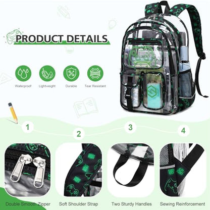 DIGOBAY 3PCS Cool Luminous Clear Backpack for Boys Kids, Gamer Clear Bookbag for School, See Through PVC Transparent Backpacks with Lunch Bag Pencil Case, Backpack Heavy Duty for School Stadium - color: Green