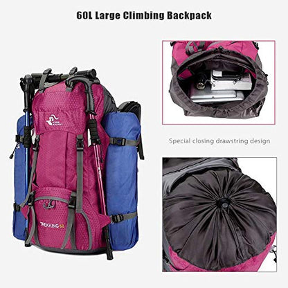 Bseash 60L Waterproof Hiking Camping Backpack with Rain Cover, Large Outdoor Sport Travel Daypack Rucksack for Climbing - color: Rose Red