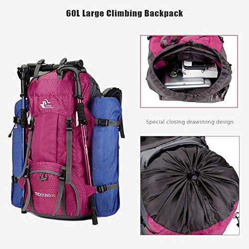 Bseash 60L Waterproof Hiking Camping Backpack with Rain Cover, Large Outdoor Sport Travel Daypack Rucksack for Climbing - color: Rose Red