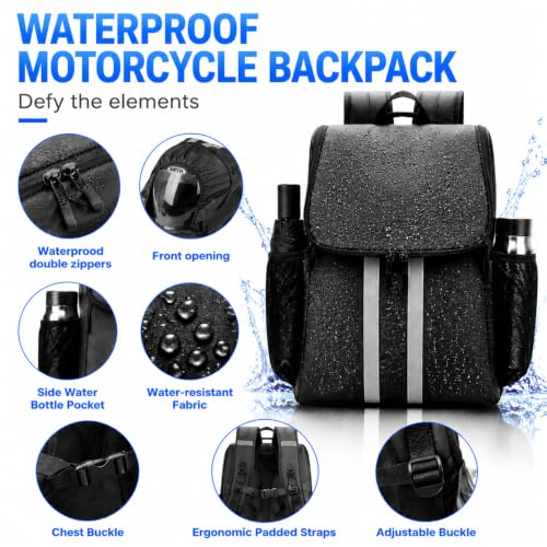 Motorcycle Backpack with Side Pockets,Waterproof Helmet Backpack,Reflective Large Capacity for Men & Women Commuting - color: Aterrimus