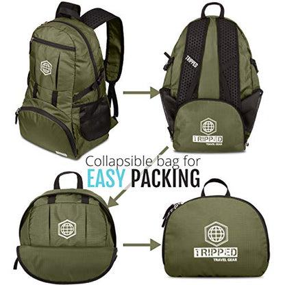 TRIPPED Travel Gear Traveling Backpack- Foldable collapsible lightweight backpack for travel (Green) 35 liters - color: Moss Green