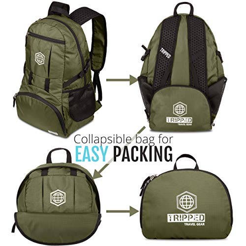 TRIPPED Travel Gear Traveling Backpack- Foldable collapsible lightweight backpack for travel (Green) 35 liters - color: Moss Green