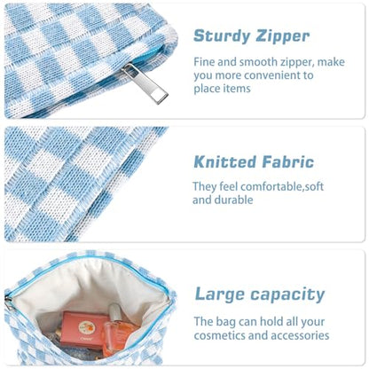ZLFSRQ 2Pcs Checkered Makeup Bag for Women Large Small Checkered Cosmetic Bag Set Aesthetic Preppy Pencil Case Cute Pencil Pouch Blue Makeup Pouch for Purse Travel Toiletry Bags Zipper Skincare Bags - color: B-Checkered 2Pcs Mix Blue
