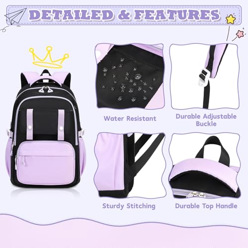 MUSEVOS Girls Backpack, Ideal School Backpack for Girls from Elementary to Teen Years, Kawaii Bookbag Cute Large Capacity (BLACK&PURPLE) - color: Black&purple